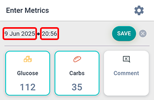 Beetis app enter metrics screen, date and time fields are selected and can be changed
