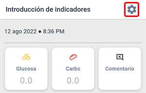 La pantalla 'Ingresando métricas'. El ícono de configuración está resaltado en la esquina superior derecha.
